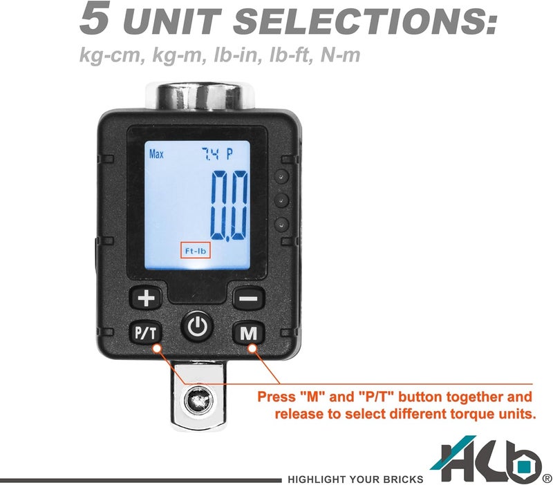 hb+ 3-Piece Digital Torque Adapter Set AAM002-U, 1/2" Drive 7.4–147.6 Ft-lb (10–200Nm), ±2% Accuracy, Peak/Trace Modes, 5 Units, Memory, LED & Buzzer Alerts, Chrome Vanadium Steel, Made in Taiwan - Image 5